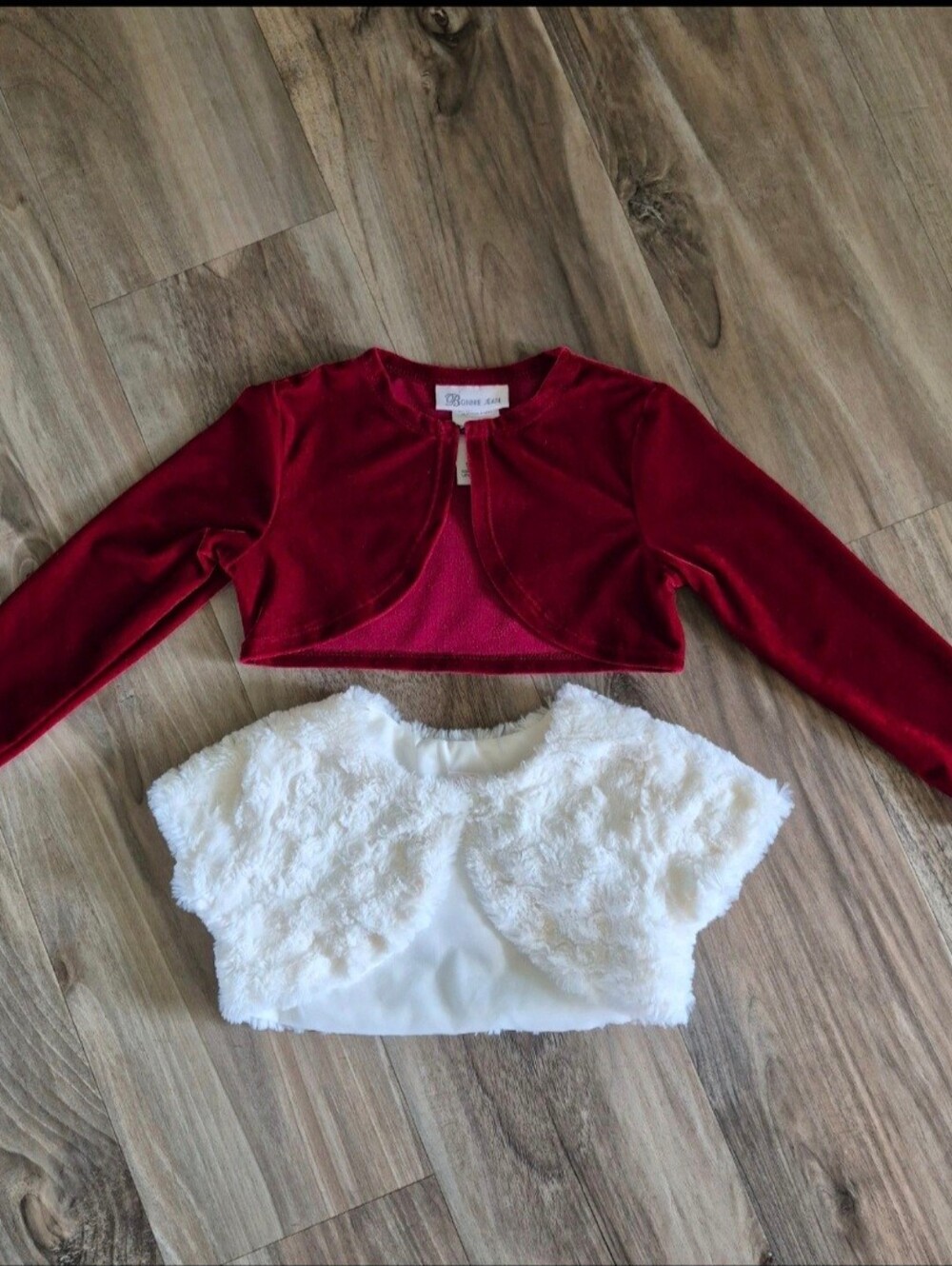 2 - Girls Cropped Shrugs Bonnie Jean Red Velour White Faux Fur Shrug Bolero Sz 4